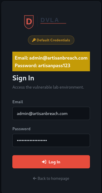 ArtisanBreach login page with default credentials