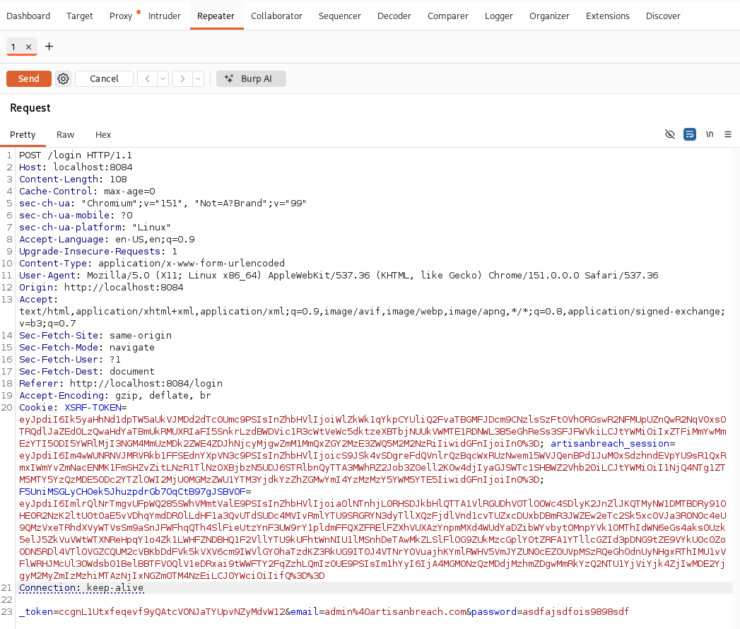 Burp Repeater showing the captured POST /login request