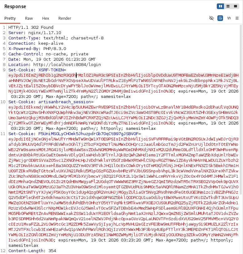 Burp Repeater showing 302 Found with Location /login