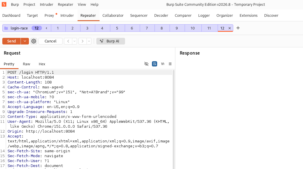 Burp Repeater with twelve tabs in the login-race group