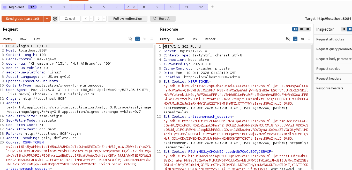 Burp Repeater Send group (parallel) with tab 7 returning 302 to /admin