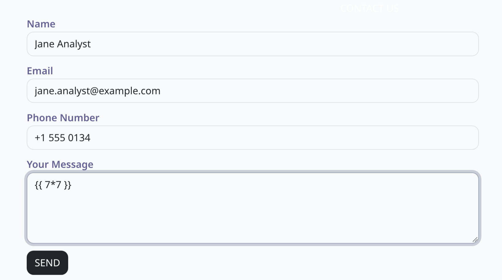 Contact form with the payload {{ 7*7 }} entered in the Your Message field
