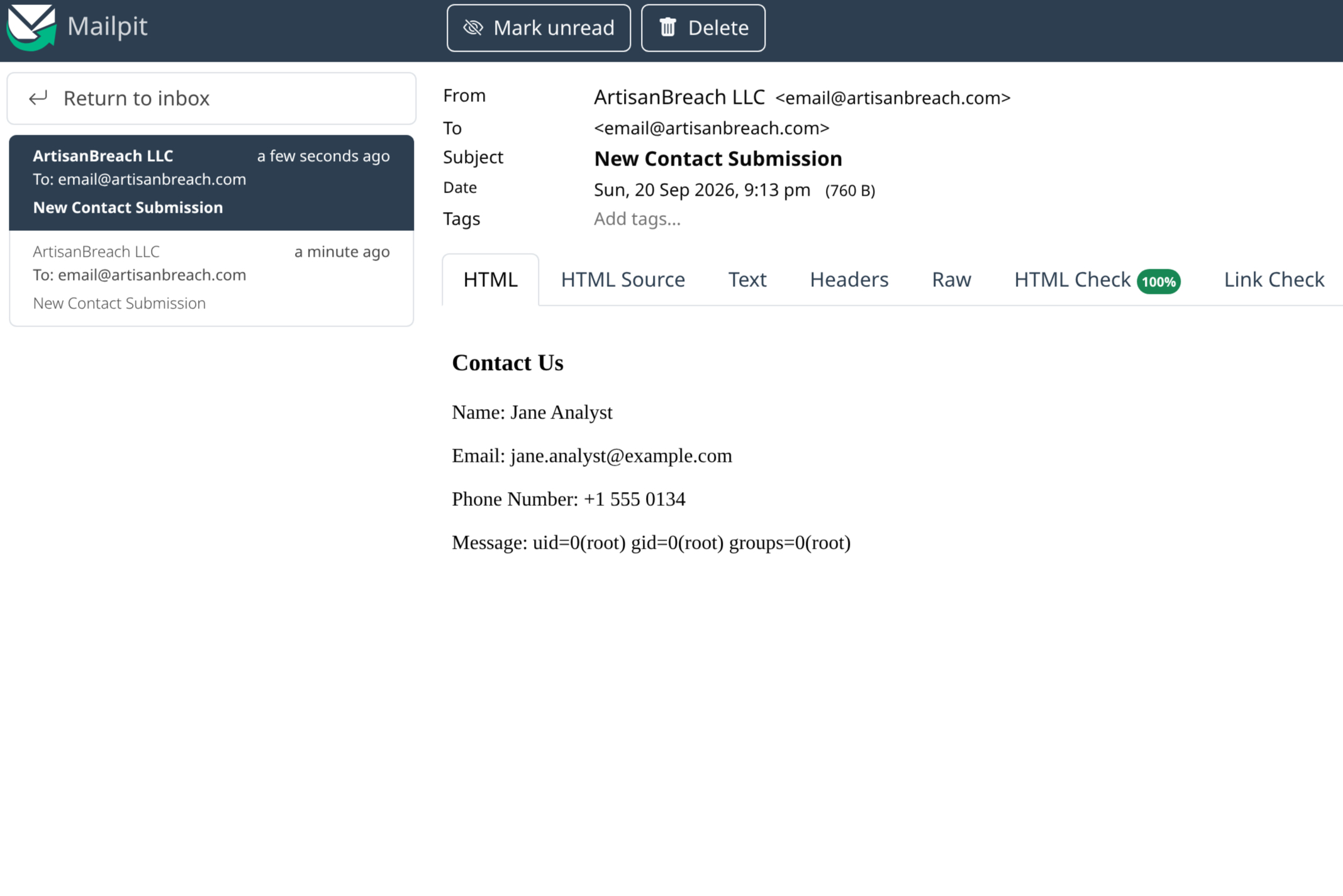 Mail catcher inbox showing the id command output: uid=0(root) gid=0(root) groups=0(root)