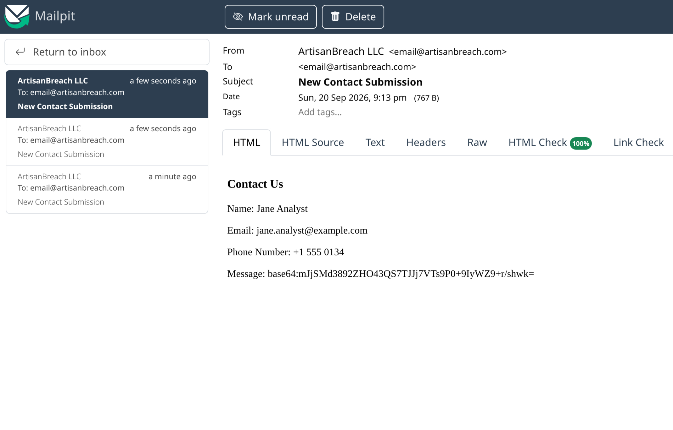 Mail catcher inbox showing the leaked base64 APP_KEY in the message body