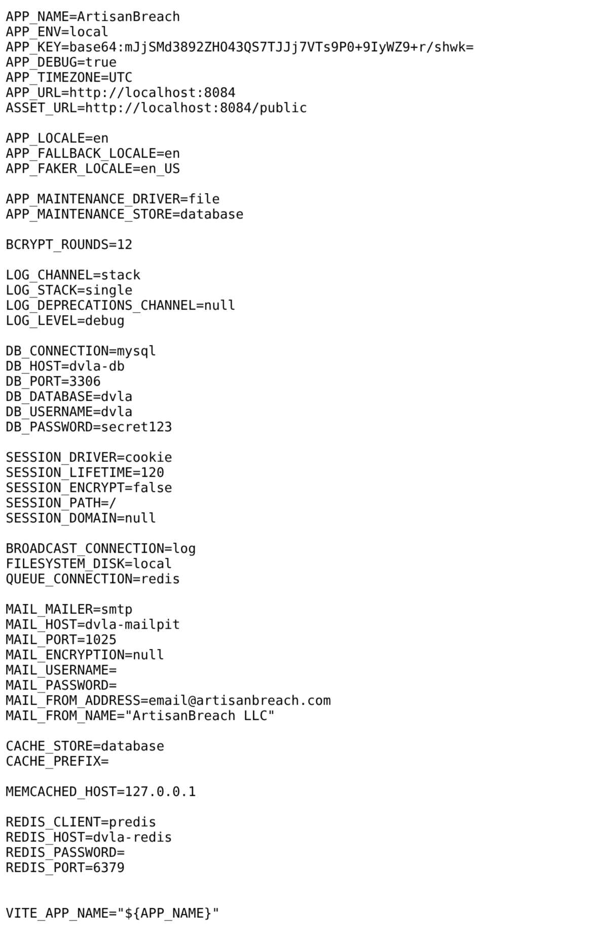 Browser showing /public/leak.txt with the full .env leaked, including APP_KEY and DB_PASSWORD